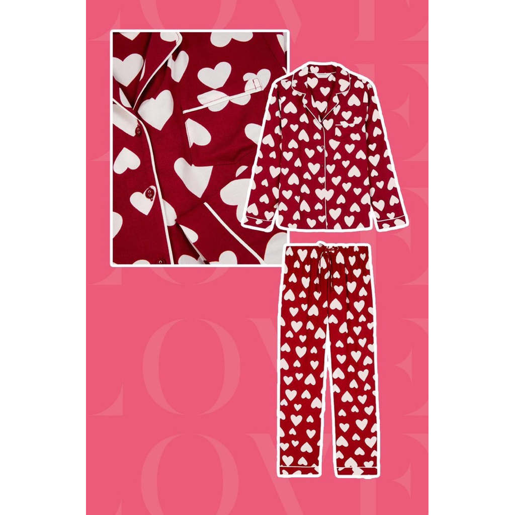 Primark Pajamas ชุดนอนแขนยาวกางเกงขายาวลายหัวใจสีแดง ผ้าซาติน