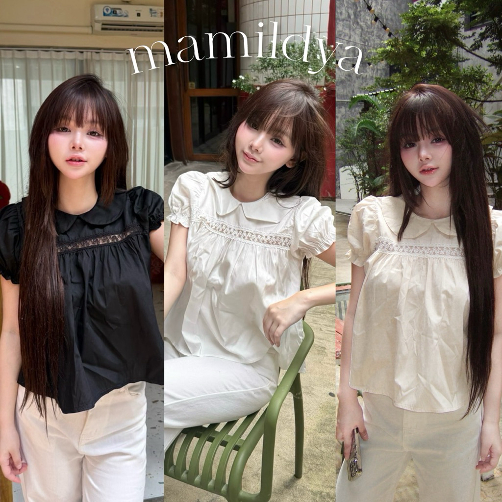 🌟Mamildya.shop🌟 เสื้อคอบัว ผ้าคอตตอน แต่งลูกไม้/ R2-3/NUSA-บัวคุณ⚫
