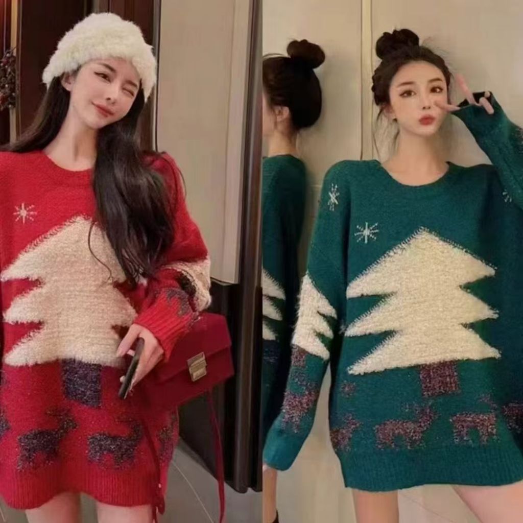 เสื้อสเวตเตอร์คริสต์มาสสำหรับผู้หญิง สไตล์ฤดูหนาวใหม่ เสื้อสวมหัวคอกลม เสื้อสเวตเตอร์ถักประดับเลื่อม