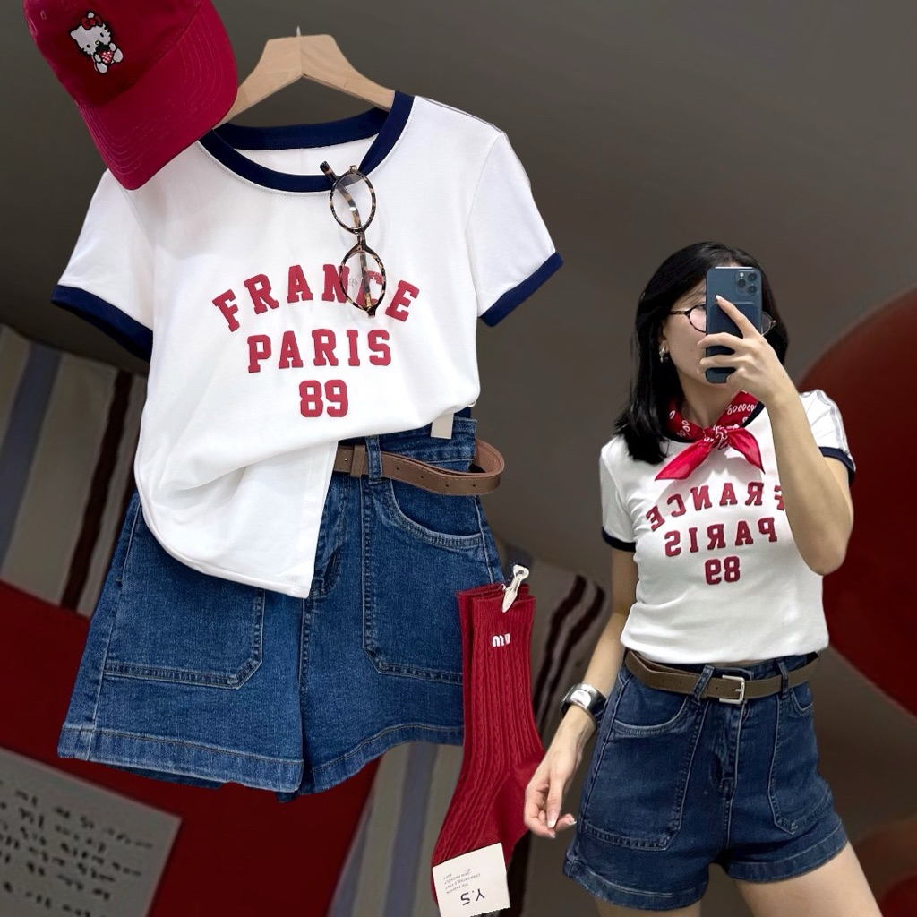france baby tee.🇫🇷 เสื้อยืดคอกลม แขนสั้น แต่งขอบช่วงคอ ลายอักษรนูนชิคมาก เนื้อผ้านุ่ม ใส่สบาย ยืดหยุ่น ทรงสวย