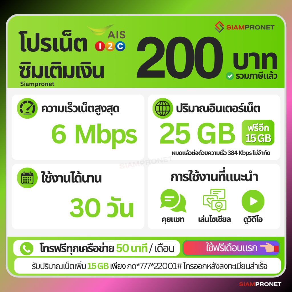 ซิมเน็ต AIS ไม่ลดสปีด 200 บาท 30 วัน เน็ต AIS ความเร็ว 2-15Mbps ต่อด้วย 384Kbps ไม่จำกัด