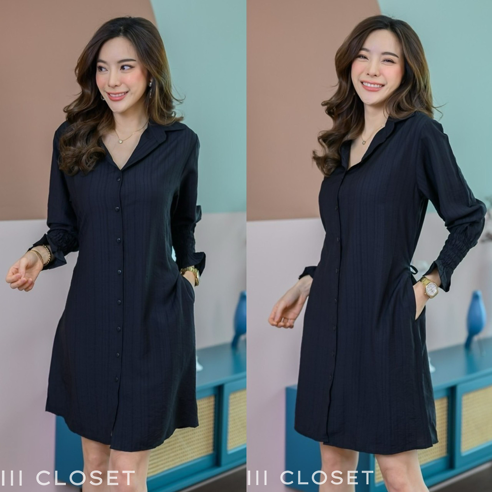 ชุดเดรส lll Freesize lll AUNG006 คอปก แขนยาว แขนระบาย สีดำ  กระดุมหน้า มีสายผูกเข้ารูป เนื้อผ้าสลาฟลินิน