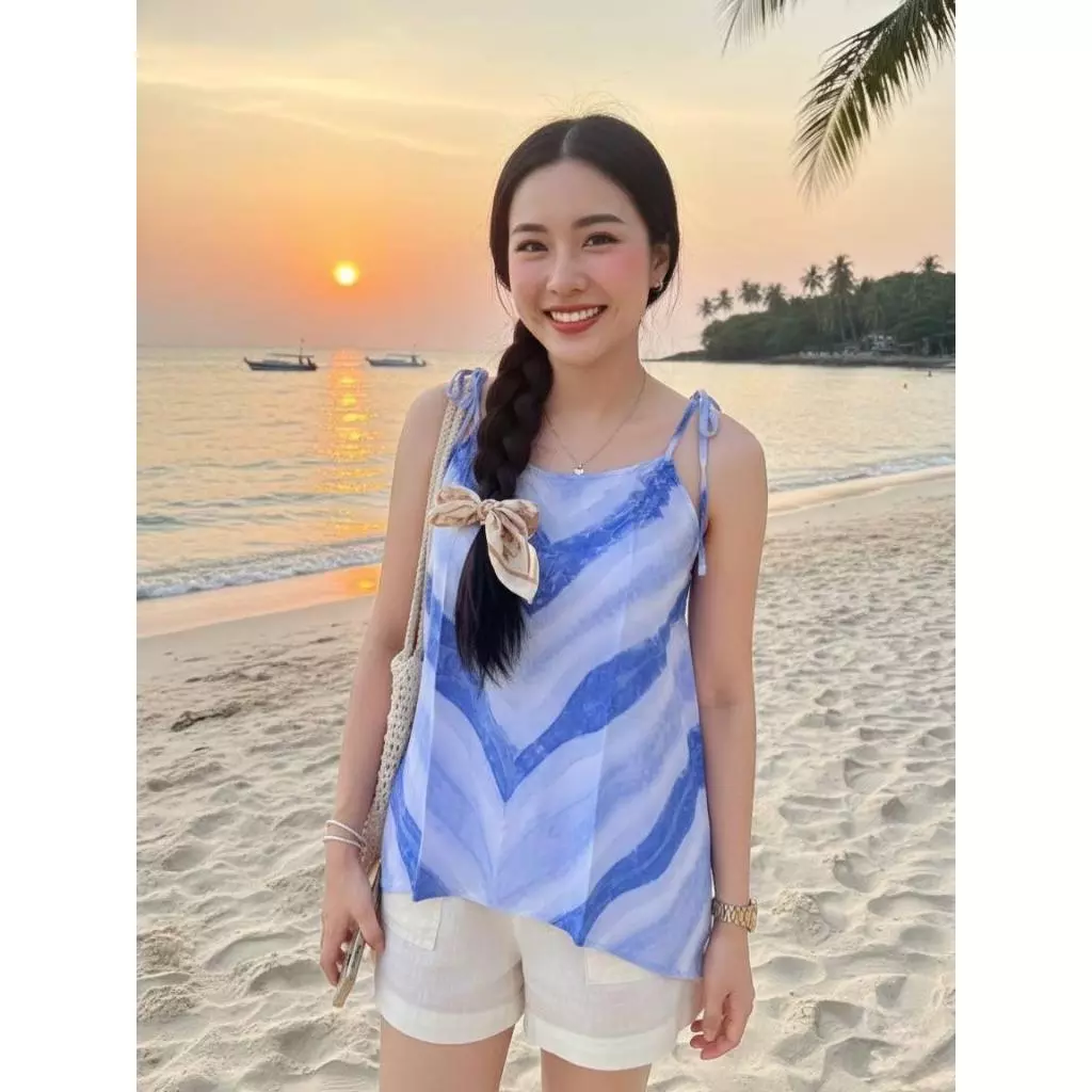 เสื้อสายเดียวผ้าสปัน มัดย้อมคราม เนื้อพริ้ว เย็นสบาย  รอบอก38 นิ้ว thumbnail 5