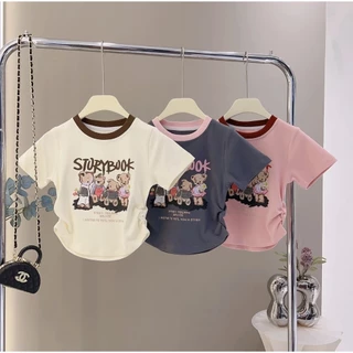 เสื้อยืดเด็กผู้หญิง เสื้อแขนสั้นเด็ก รัดเอว ลายหมีน่ารัก งายแฟชั่น
