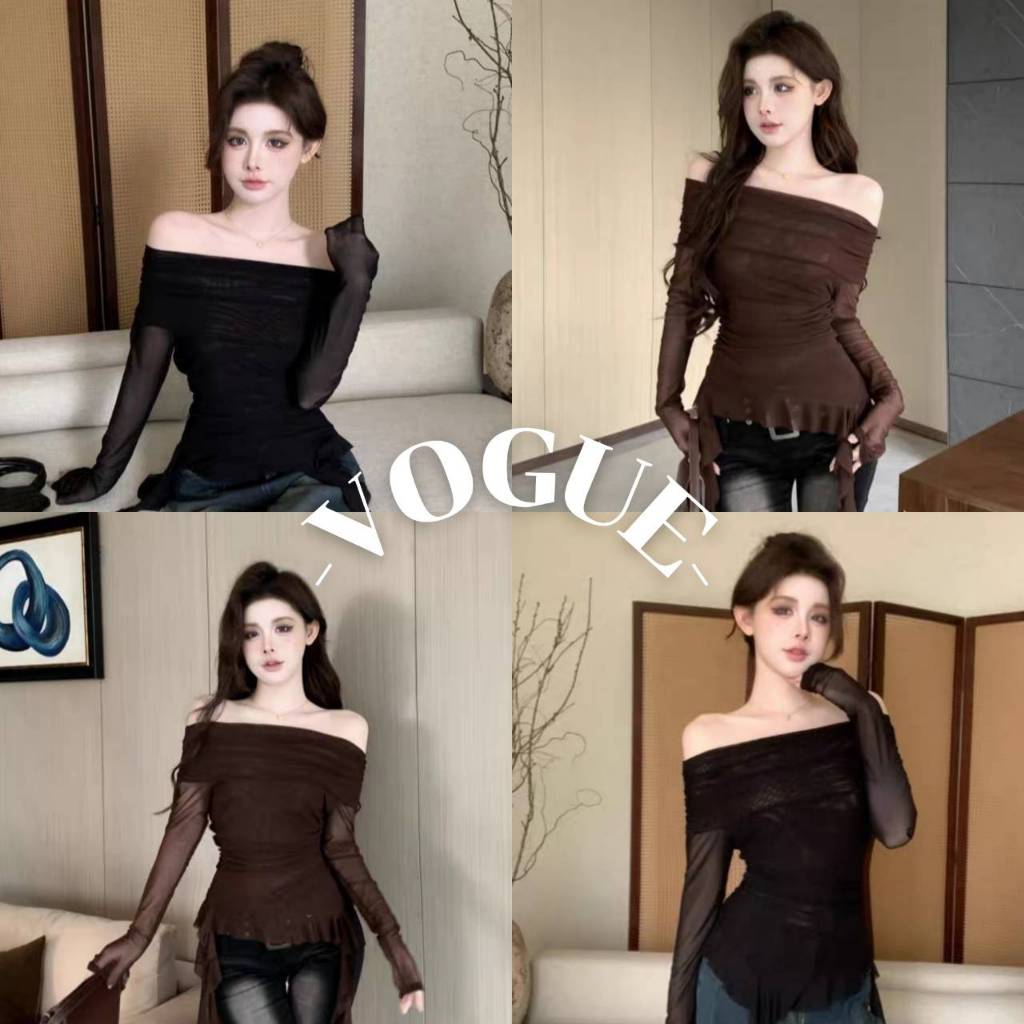 Vogue🌟พร้อมส่ง🌟 เสื้อเปิดไหล่แขนยาว สีพื้น ยืดตามตัว ปลายปล่อย (FY2750)