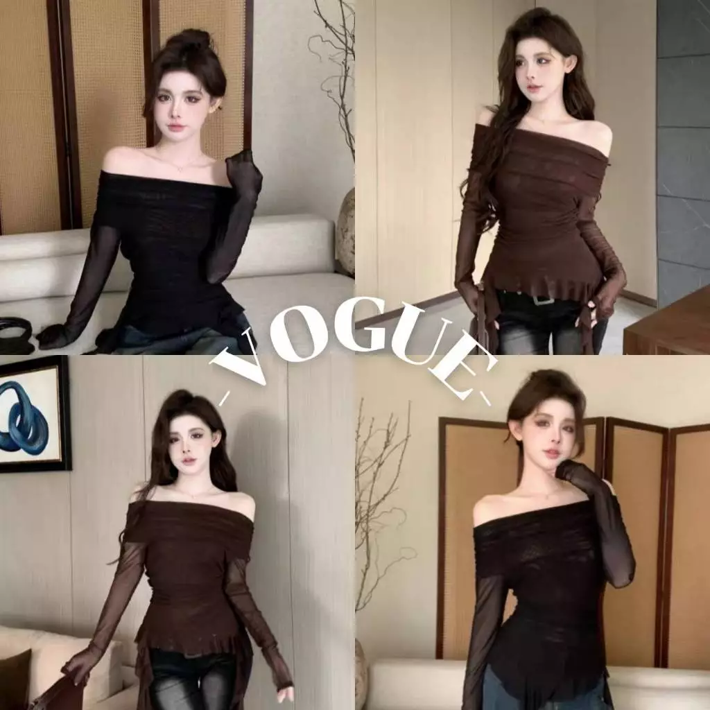 Vogue🌟พร้อมส่ง🌟 เสื้อเปิดไหล่แขนยาว สีพื้น ยืดตามตัว ปลายปล่อย (FY2750)
