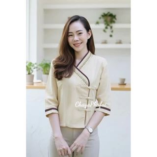 เสื้อผ้าฝ้ายทรงป้ายเจ้านางแขนสามส่วน ปักดอกไม้
