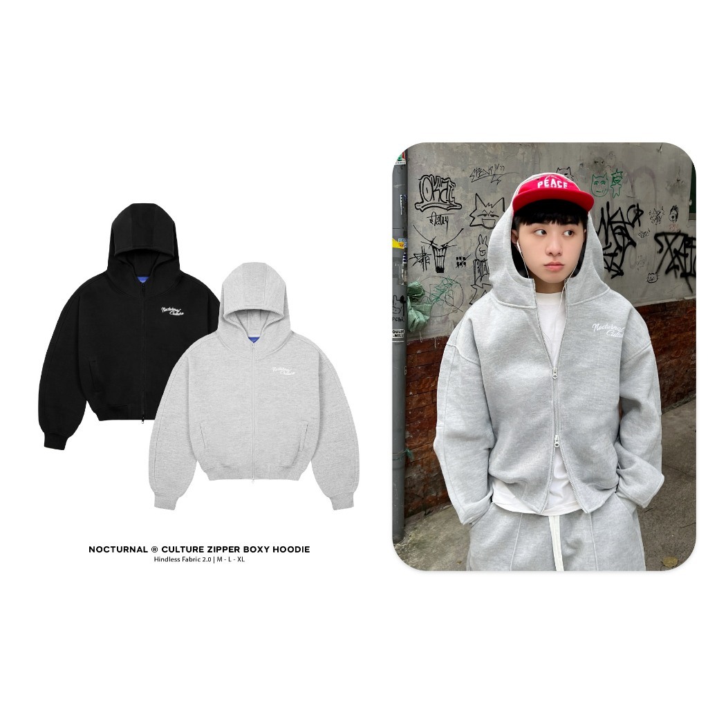 NOCTURNAL Culture Zipper Boxy Hoodie เสื้อฮู้ดผ้าสองชั้น Unisex แบรนด์ท้องถิ่นจากเวียดนาม VN