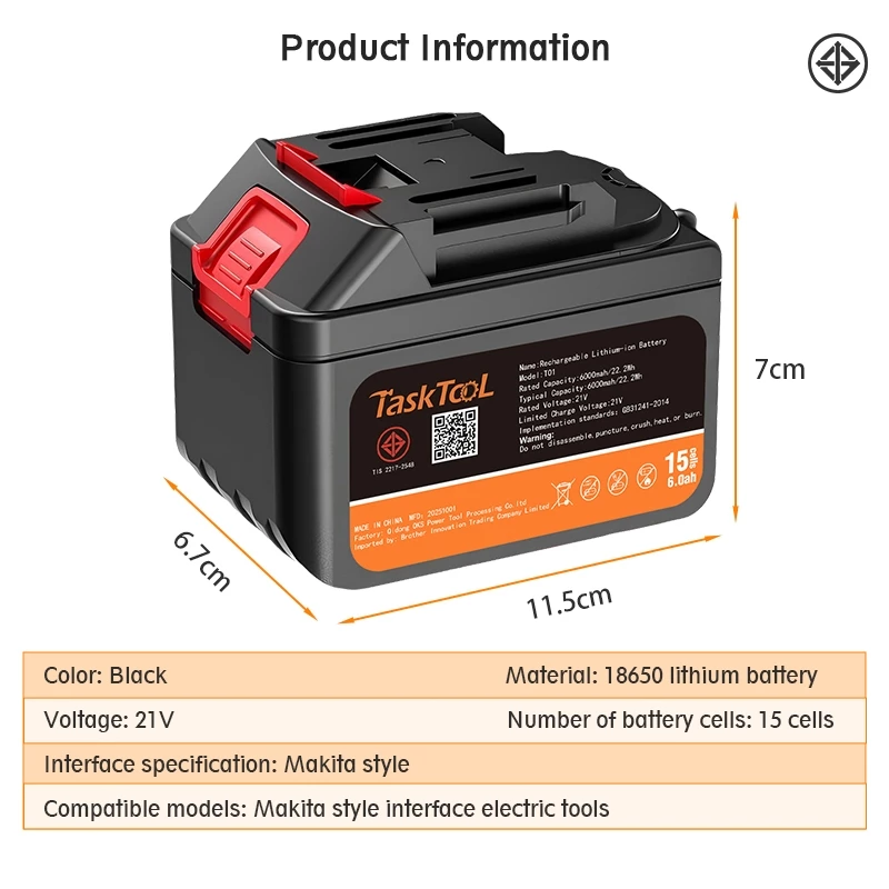 TASKTOOL 15Cells แบตเตอรี่ 21v ลิเธียม  แบตเตอรี่ 6AH-15ก้อน-5C แบตเตอรี่21โวลสำหรับเครื่องมือไฟฟ้า TISI STANDARD thumbnail 10