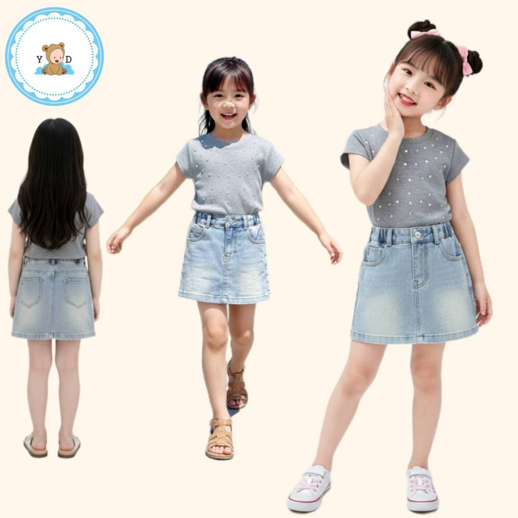 [Y D] พร้อมส่ง ชุดเด็กผู้หญิงน่ารัก ชุดเซ็ต 2ชิ้น เสื้อยืดสีเทาประดับเพรช+กระโปรงยีนส์  สไตล์เกาหลี #422