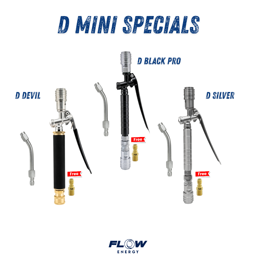 Flow Energy - ชุดหัวฉีดล้างแอร์แบบก้านกด D Mini พร้อมหัวฉีดปลายงอ 25 องศา และข้อต่อสวมเร็วขนาด 11.8 mm(1/4 หรือ 2 หุน)