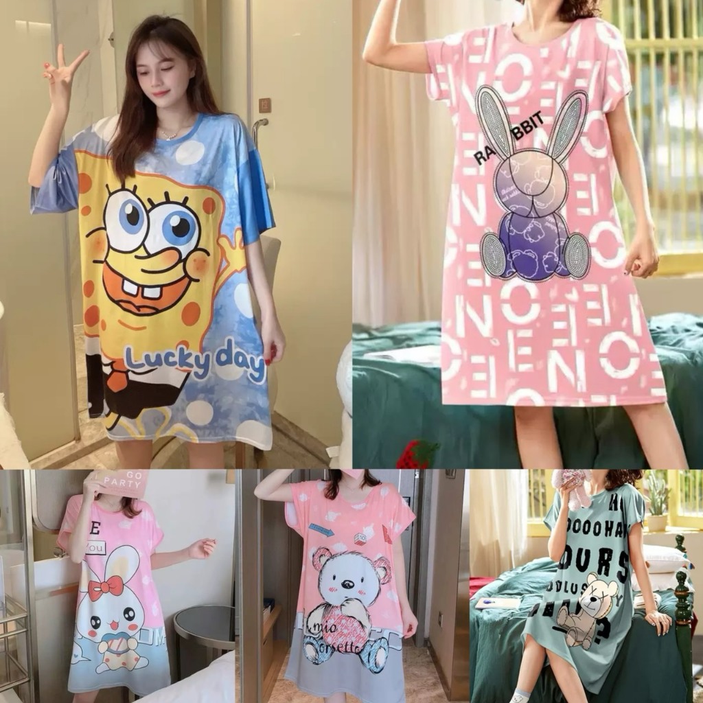 SGH0234 ชุดนอนกระโปรง คอกลม เนื้อนุ่มคุณภาพสูง ลายการ์ตูน ผ้าคอตตอน กระโปรงแขนสั้น