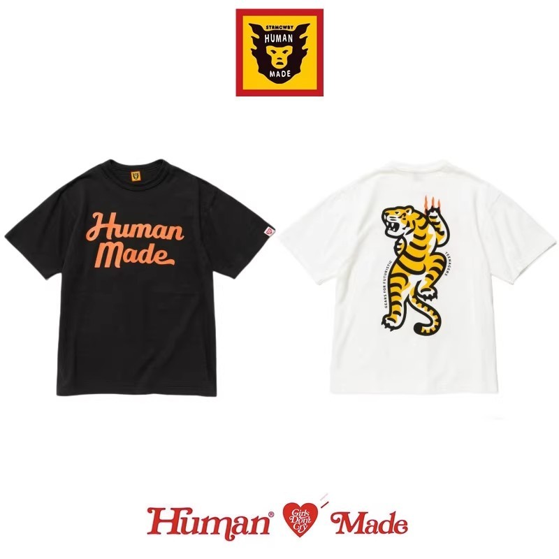 HUMAN MADE หน้าอกตัวอักษรด้านหลังเสือไม้ไผ่ผ้าฝ้ายคู่หลวมฤดูร้อนแขนสั้นเสื้อยืด