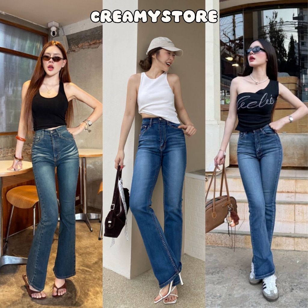 CreamyStore กางเกงยีนส์ขาม้าเอวสูง แต่งเฟดขัดหนวด สีเข้มBlue Jeans ยีนส์ยืด ป้ายYam Jeans