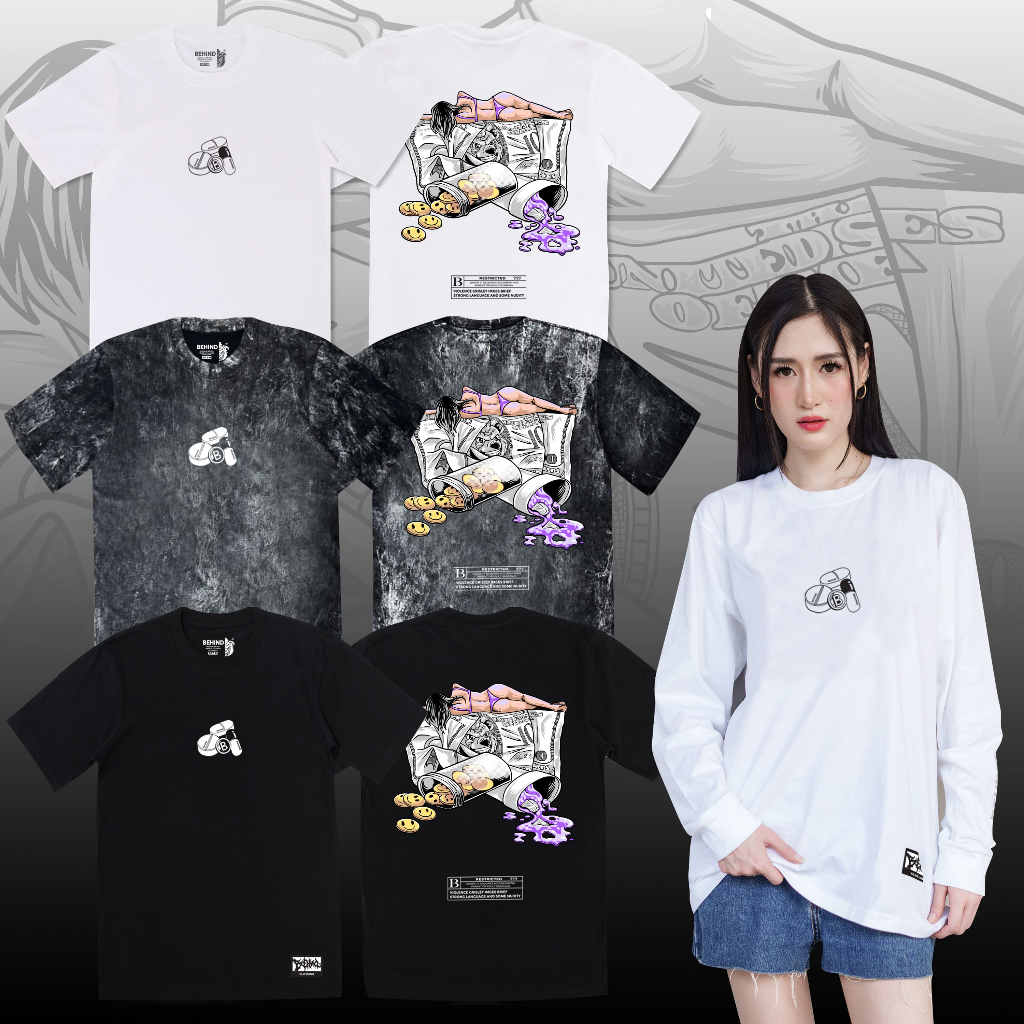 BEHIND เสื้อยืด “ RESTRICTED “ แขนสั้น แขนยาว แนวสตรีท Oversize เสื้อยืดชาย หญิง
