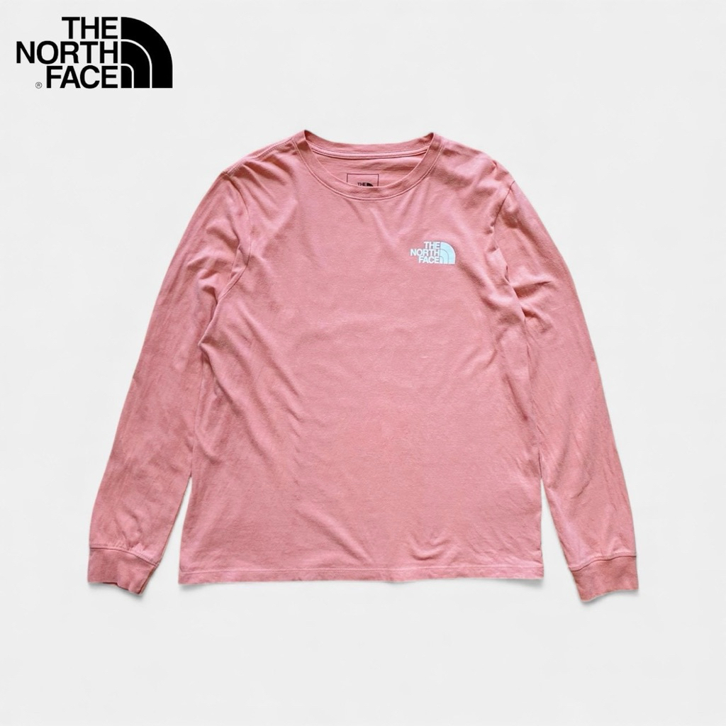 เสื้อยืดแขนยาวมือสอง The North Face สีชมพูอมส้ม อก 42” (size L) ของแท้ สภาพใหม่ 99%