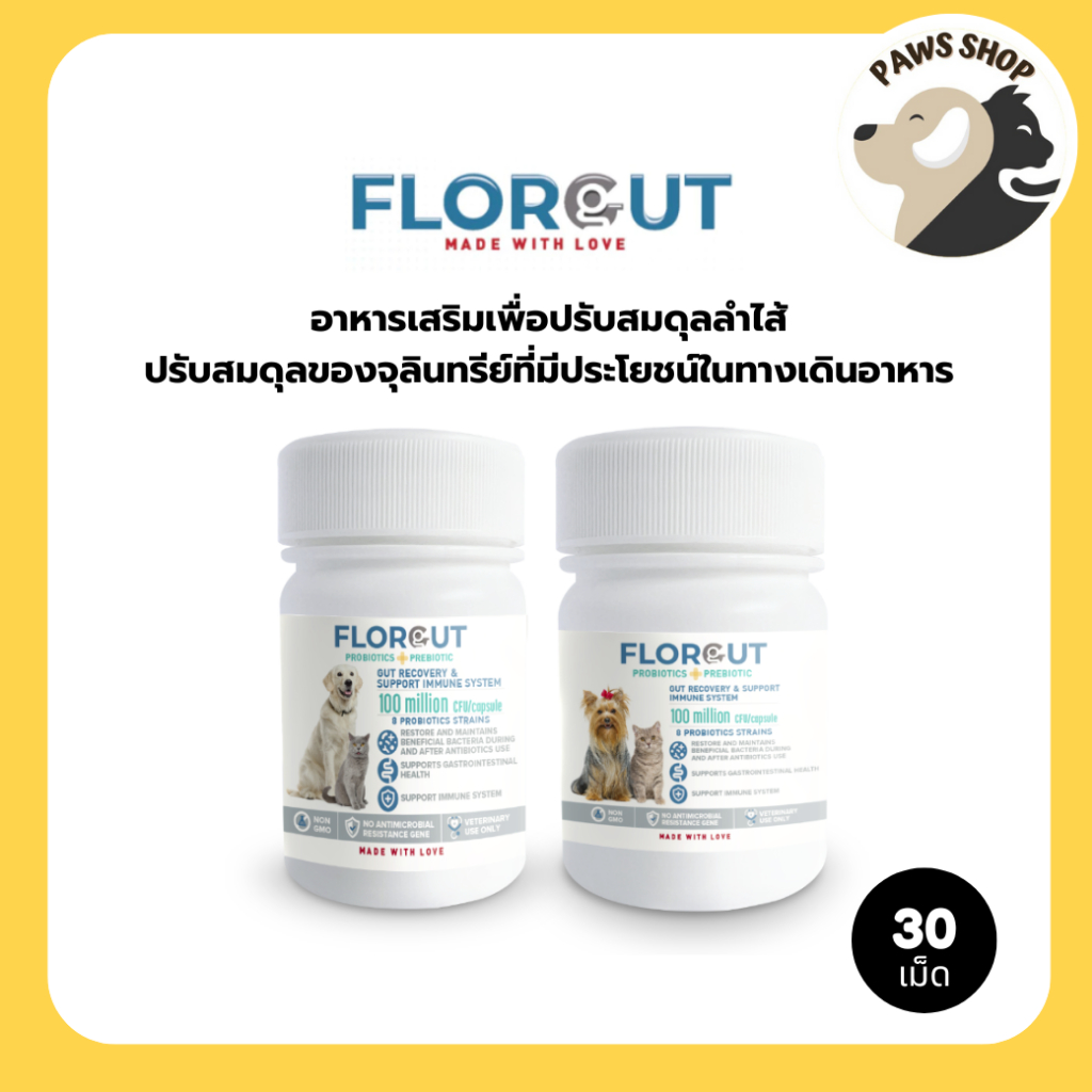 FLORGUT (ฟลอกัท) อาหารเสริมพรีไบโอติกและโพรไบโอติก ปรับสมดุลลำไส้ ลดปัญหาท้องเสีย สำหรับในสุนัขและแมว 30 แคปซูล