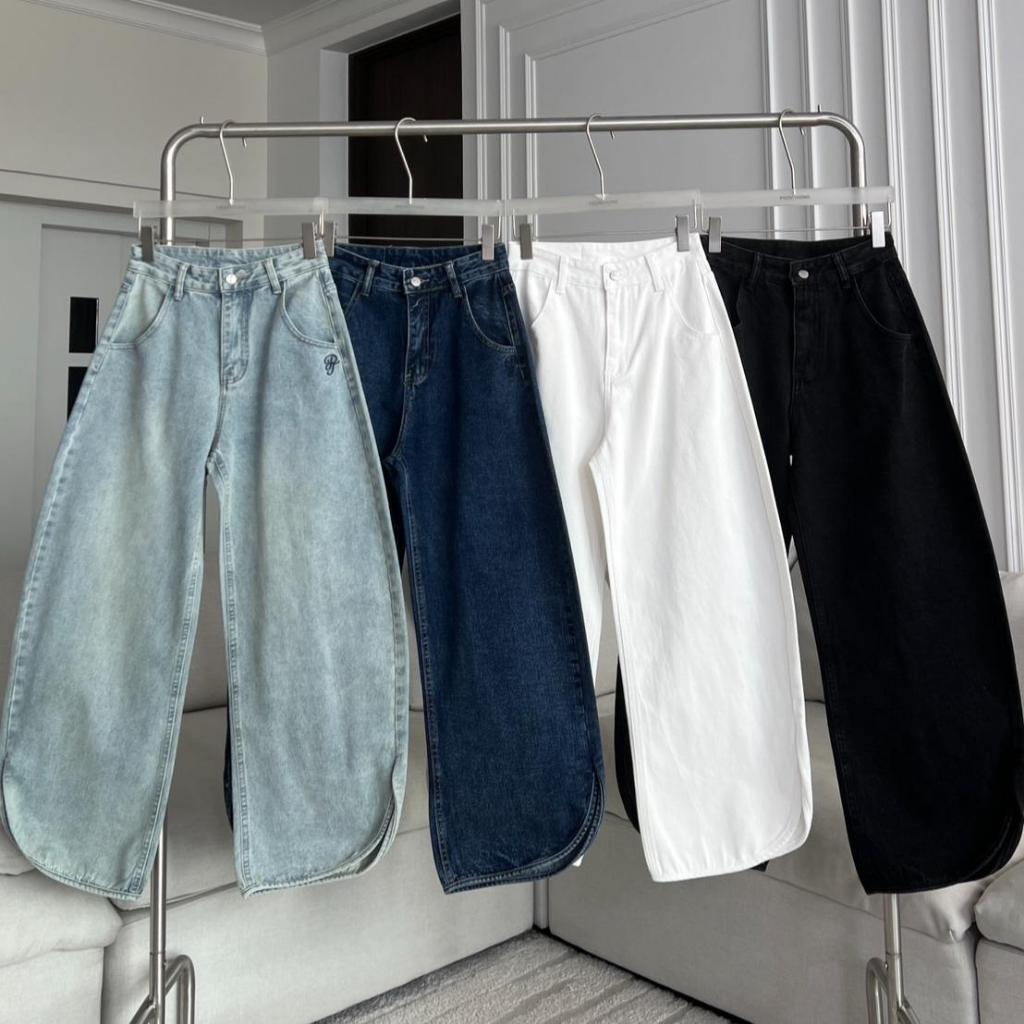 PTJ30302 Half Moon Barrel กางเกงยีนส์ทรงขากระบอกปลายขาโค้งปัก PROMTHONG