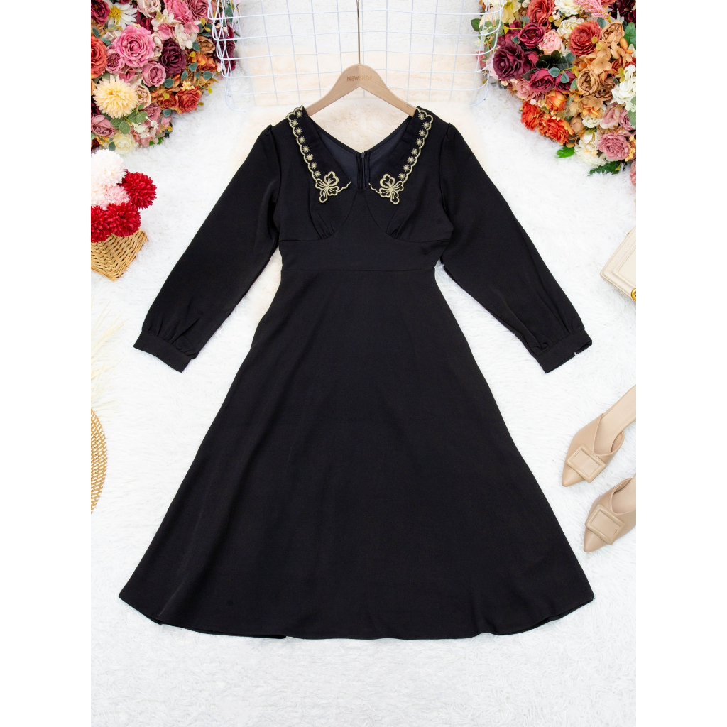 เดรสยาวคอปกปักลายหวาน ลุคเรียบร้อย เดรสสุภาพหวาน สีดำ ผ้าโพลีเอสเตอร์