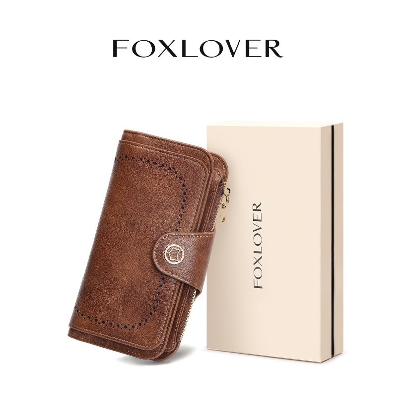 FOXLOVER กระเป๋าสตางค์ผู้หญิง แบบยาว สไตล์แฟชั่นย้อนยุค ช่องใส่การ์ด14ช่อง ต่อต้านRFID กล่องของขวัญ