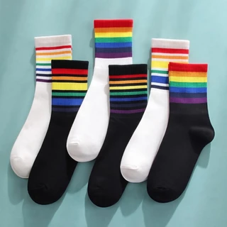 ถุงเท้า 6 คู่ เลือกสีได้ สีขาว สีเข้ม ลายรุ้ง สีสันสดใส Socks ถุงเท้าฟรีไซส์ พร้อมส่ง
