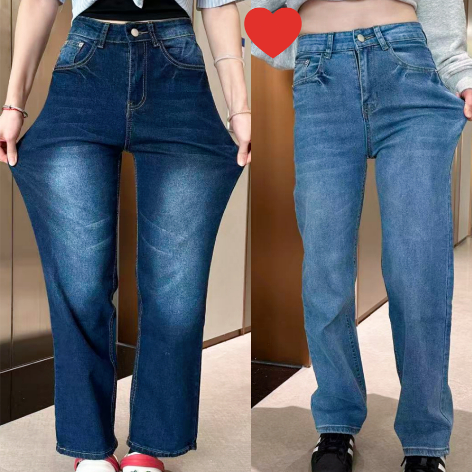 Beautified กางเกงยีนส์ยืดขายาวกระบอกตรง ผ้ายีนส์ฟอกน้ำเอวสูงวินเทจ S-5XL เหมาะสำหรับสะโพกใหญ่ V130