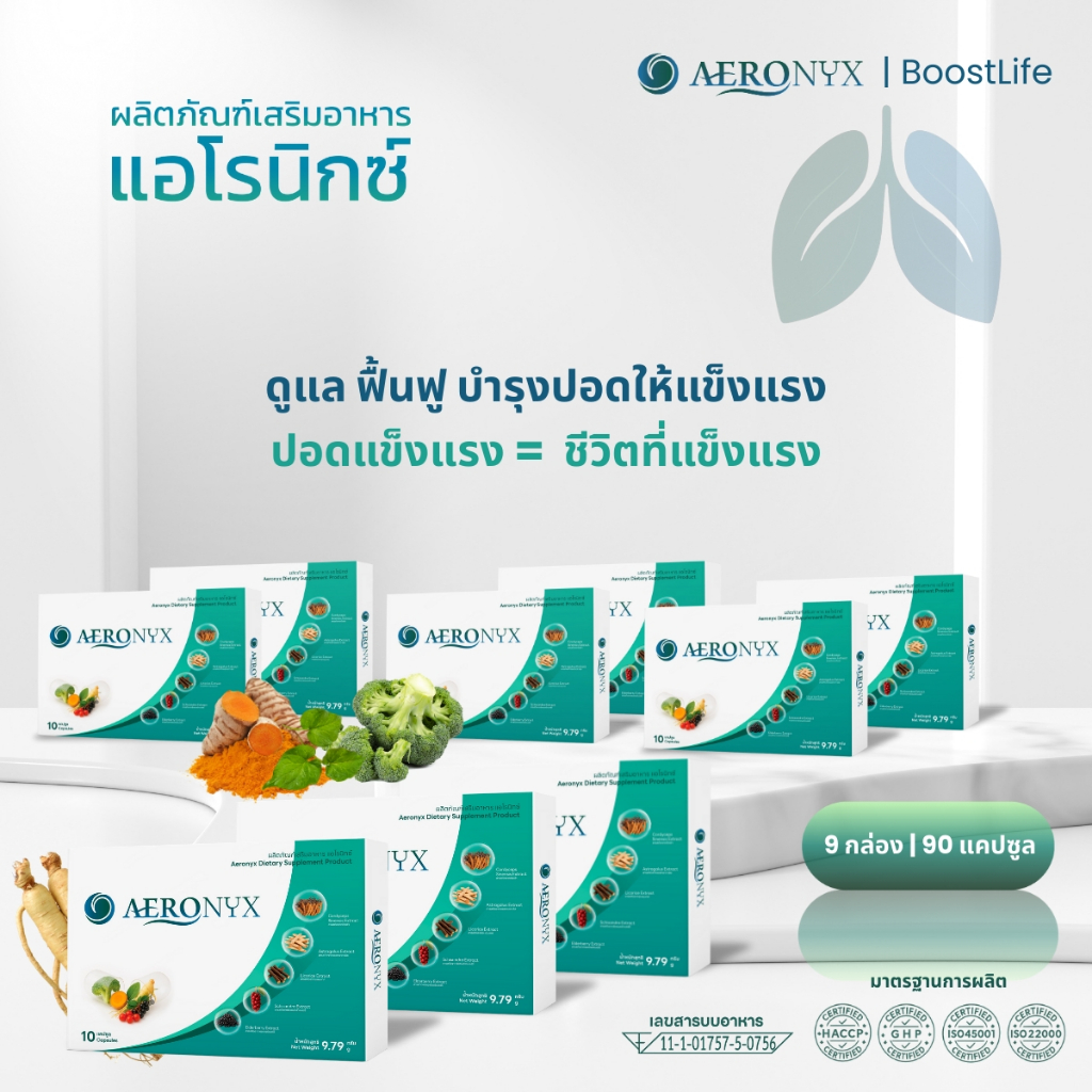 AERONYX-แอโรนิกซ์ อาหารเสริมเพื่อสุขภาพปอด บำรุง ฟื้นฟูปอด ไอเรื้อรัง ภูมิแพ้ 9 กล่อง