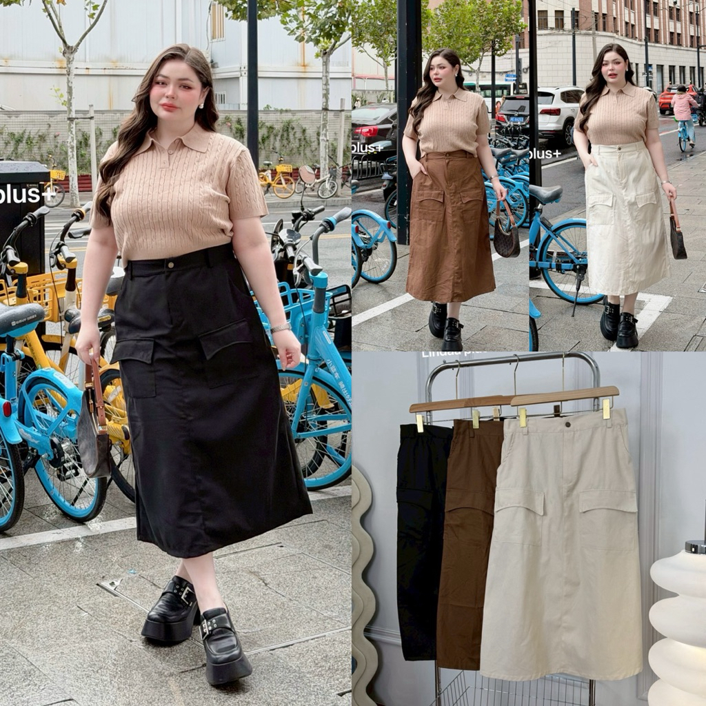 (LD) กระโปรงยาว ผ่าหลัง แต่งกระเป๋าหน้า เอวสูง ทรงสวย เสื้อผ้าสาวอวบอ้วน พลัสไซส์ ไซส์ใหญ่