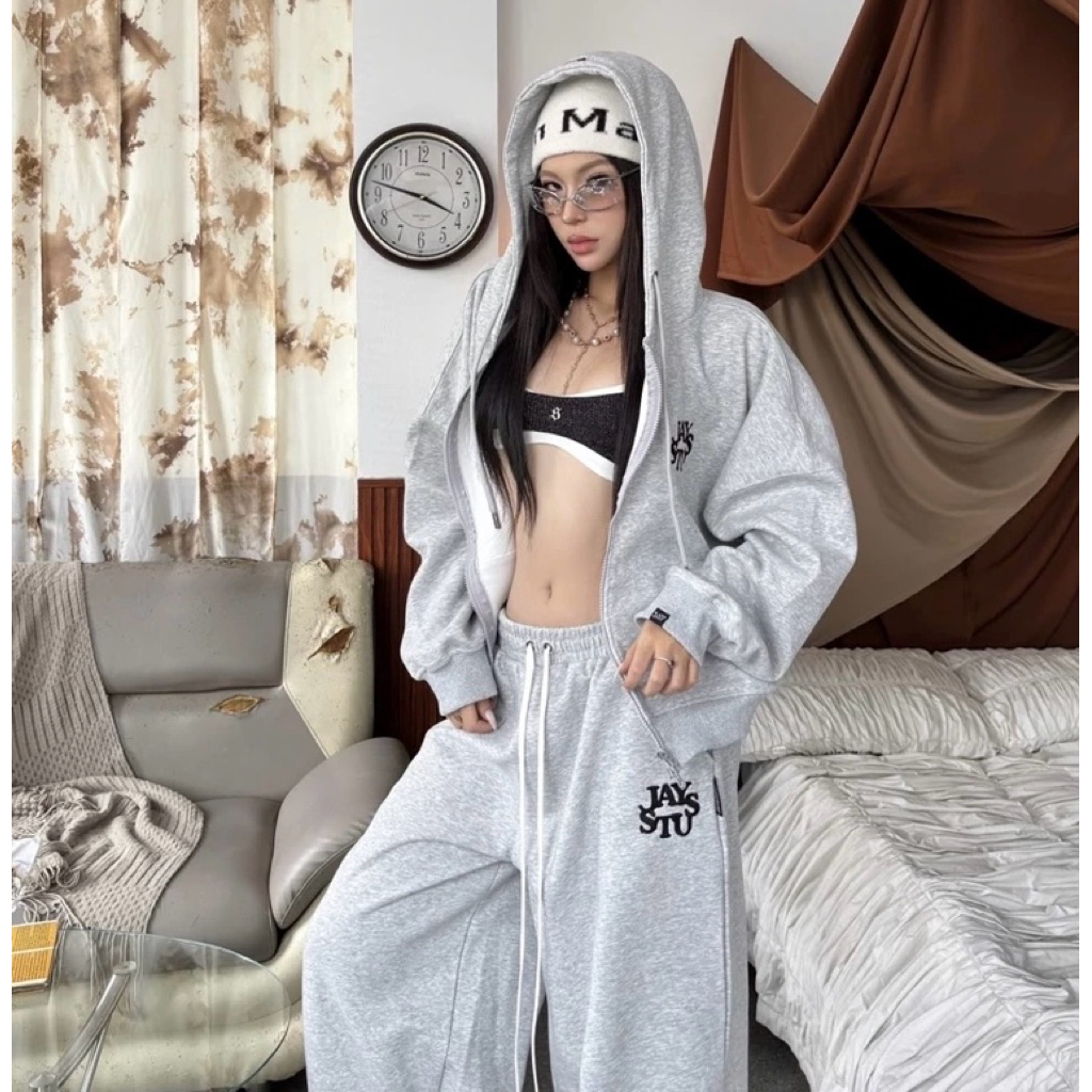 Pre-order (14-20days) แบรนด์เวียดนาม 🇻🇳JAYSTORE | WITH LOVE 2-layer fabric,Boxy zip hoodie and Fleece Pants (separable)