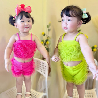 ชุดเซ็ทเด็กผู้หญิง สายเดี่ยวผ้าร่องยืด แต่งหัวใจฟรุ้งฟริ้ง