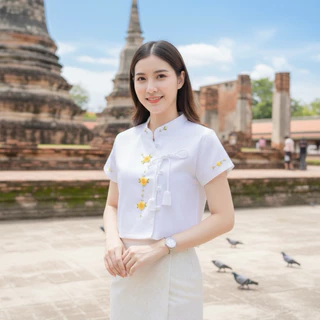 เสื้อพื้นเมืองผู้หญิงคอจีนผูกโบว์ ปักดอกด้วยมือ