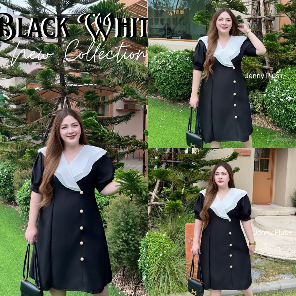 Black White Dress  🖤🎗️🕊️🫧𓍯   เดรสดำระบายไขว้ เดรสดำยาว คอปกระบายคลื่นสองชั้น  แต่งกระดุมมุกล้อมเพชรสาวอวบงานป้ายเจนนี่