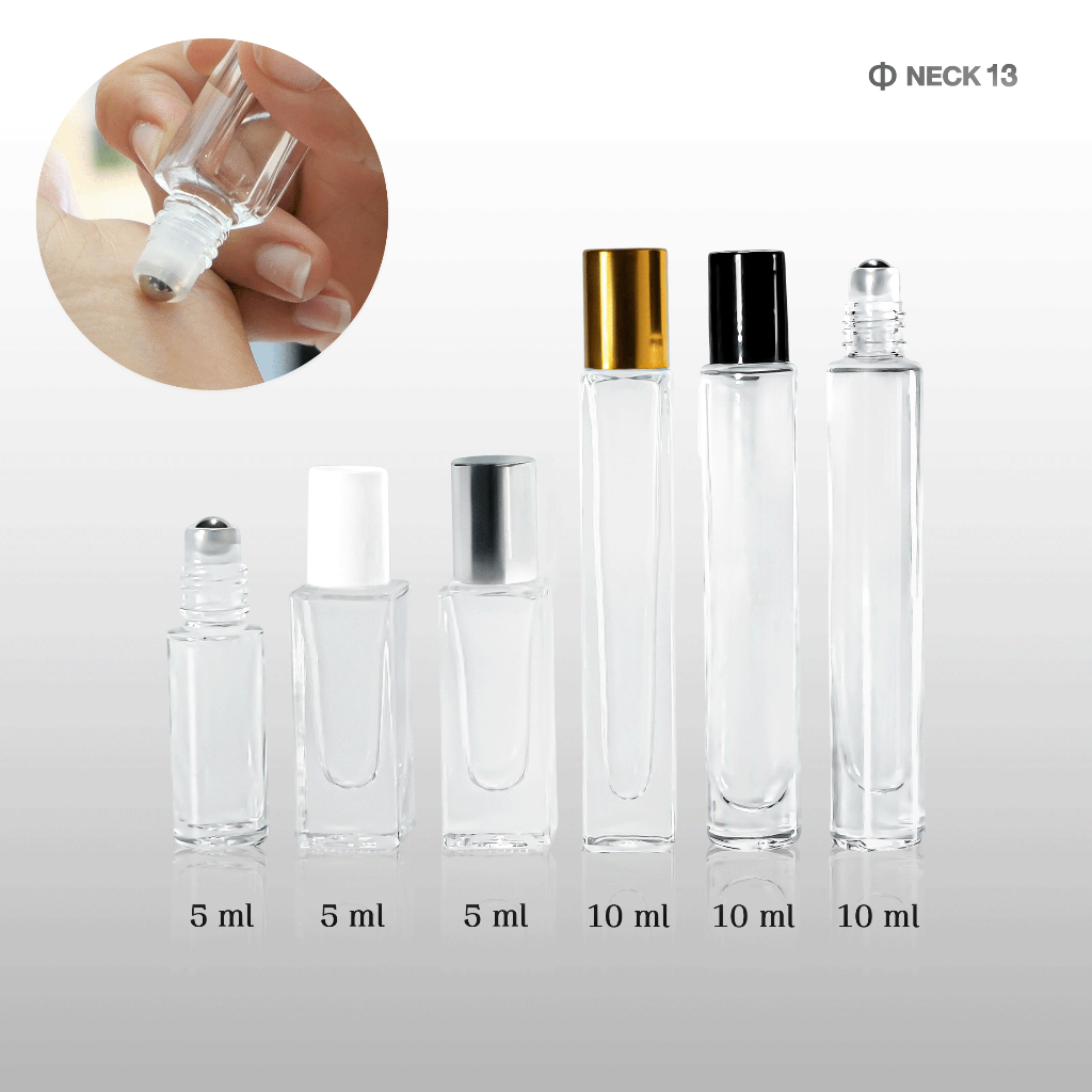 [COSS] ขวดลูกกลิ้งแก้วใส คอ13 หัวลูกกลิ้งโลหะ ขวดทรงกลม ทรงเหลี่ยม ขนาด 5ml 10ml | บรรจุภัณฑ์น้ำมันหอม essential