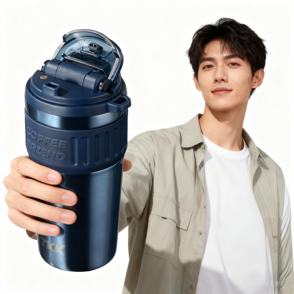 TKK กระติกน้ำเก็บความเย็น 630ml พร้อมหลอดดูด ยกดื่ม 2in1 วัสดุสแตนเลส เคลือบชั้นเซรามิก แก้วกาแฟหรู