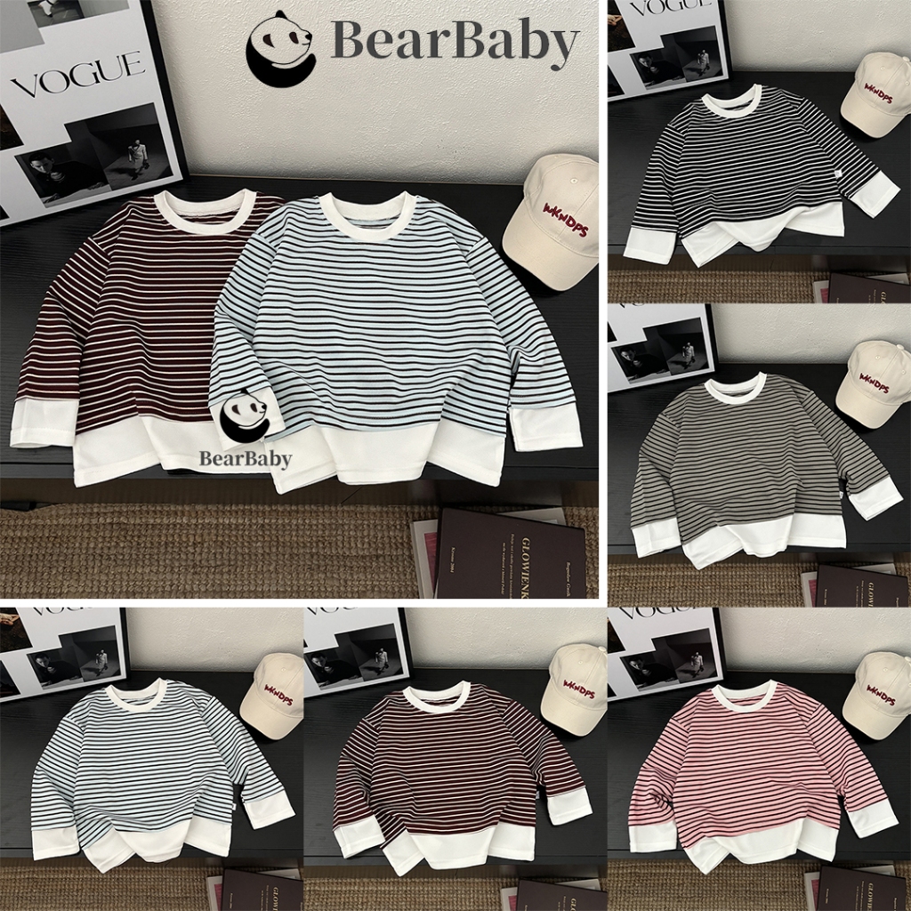 BEAR BABYเสื้อยืดแขนยาวเด็ก เสื้อแขนยาวลายทาง สไตล์เกาหลีทรงหลวม ใส่ได้ทั้งเด็กชายเด็กหญิง Size80-140cm
