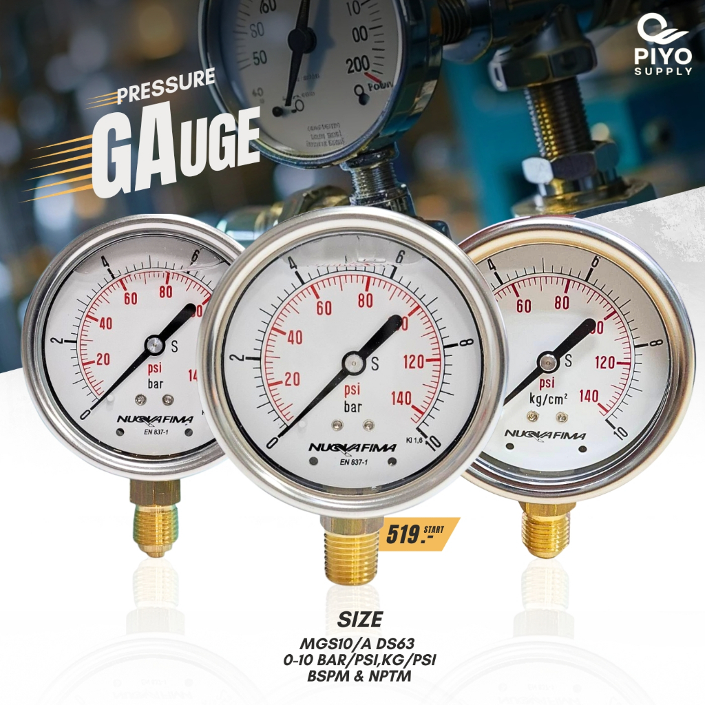 MGS10/A DS63 0-10 BAR/PSI,KG/PSI เกจวัดเเรงดัน 1/4" BSP/NPT มีน้ำมัน/ไม่มีนํ้ามัน ทองเหลืองออกล่าง หน้าปัด 2.5'' (63 mm)
