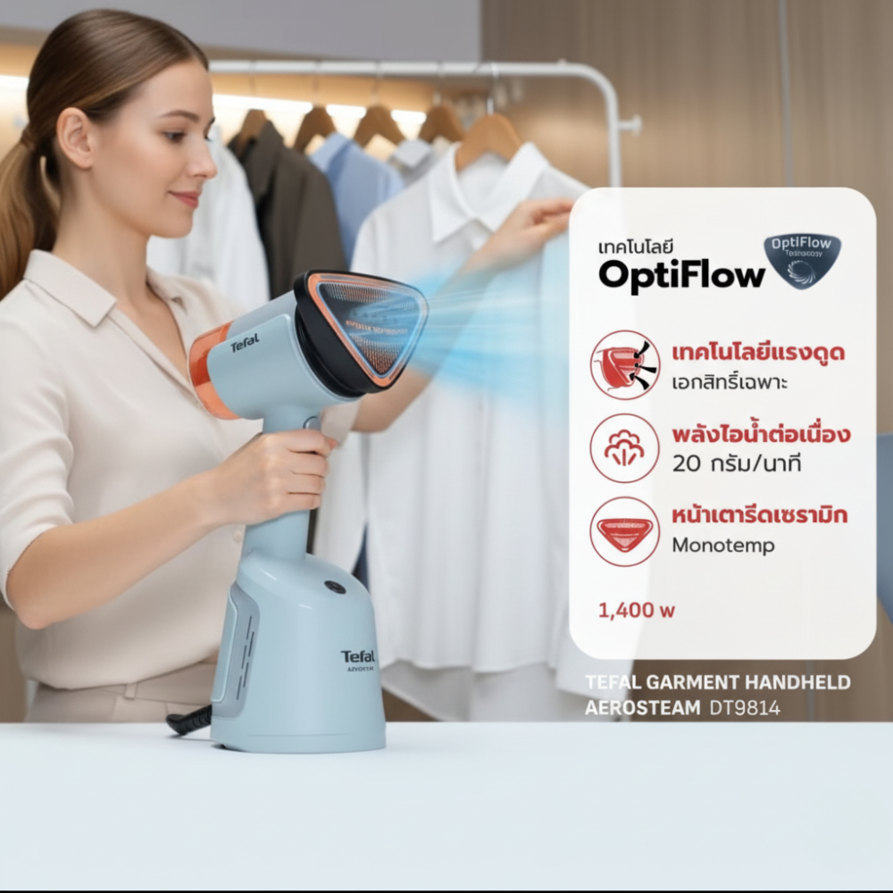 Tefal Aerosteam DT9814 เครื่องรีดผ้าไอน้ำมือถือ1400WเทคโนโลยีOptiFlowไอน้ำแรงต่อเนื่อง 20 กรัม/นาที