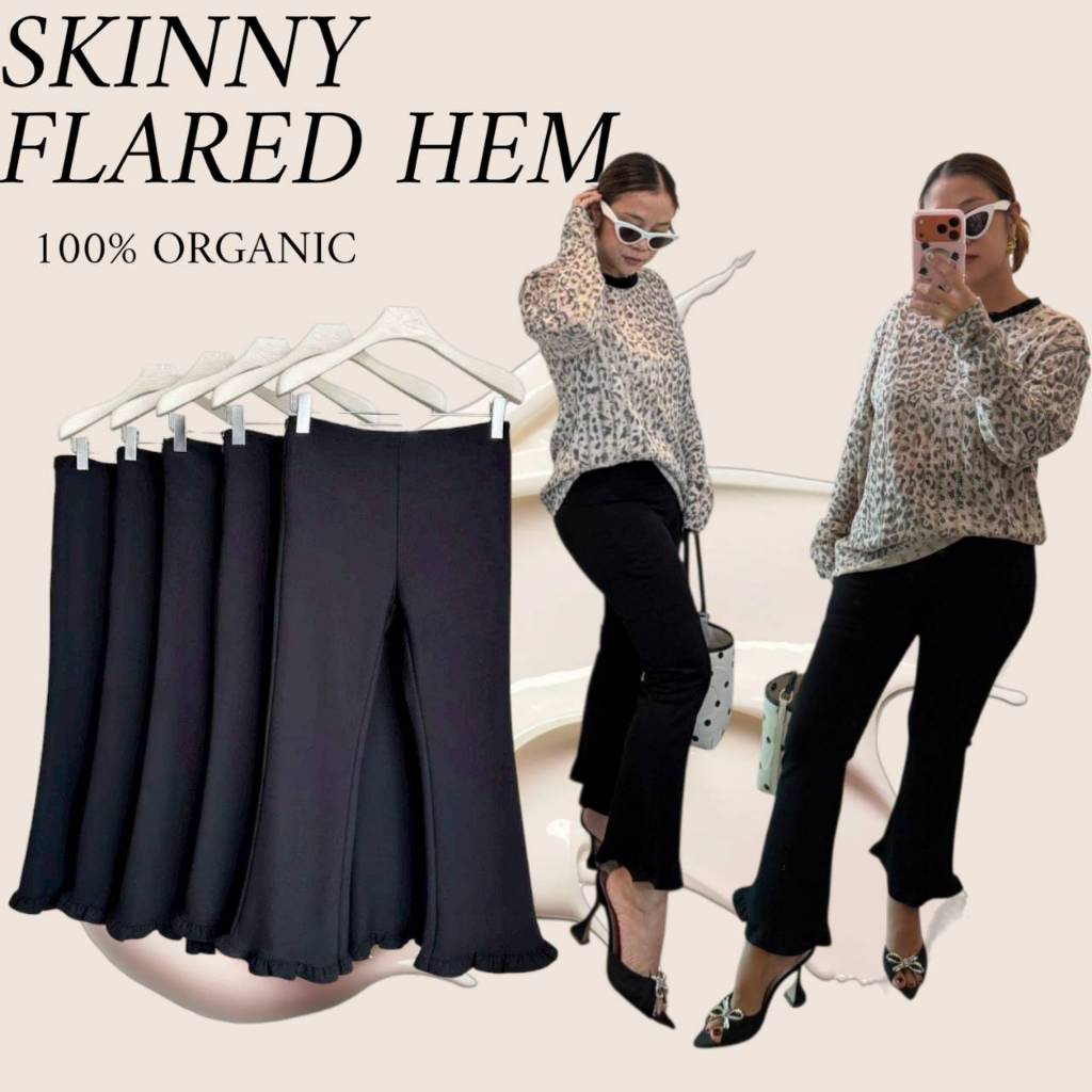 กางเกงสกินนี่ขายาว ทรงปลายขาบานแต่งระบาย งานสไตล์เกาหลี ซิปข้าง