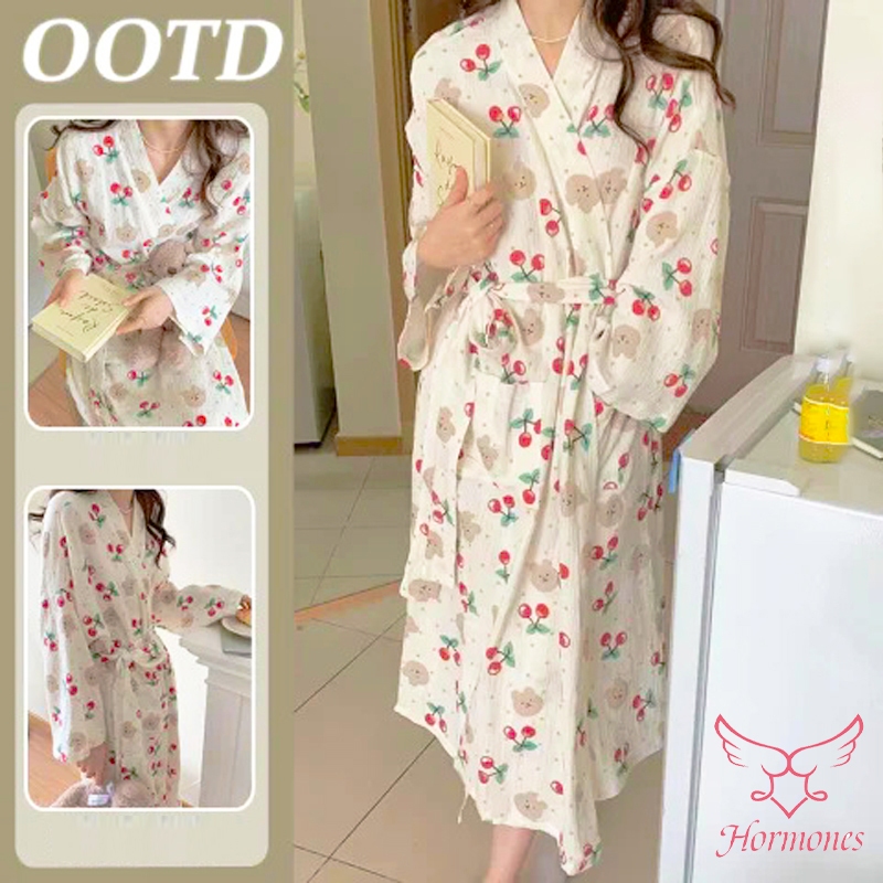 Hormones🍒🍒พร้อมส่งจากไทย ลายเชอร์รี่ ชุดอยู่บ้าน  ทรงหลวม ชุดนอนผู้หญิง สไตล์เสื้อคลุมอาบน้ำ สไตล์แฟชั่น แขนยาว