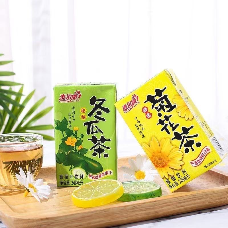 เครื่องดื่มรสชาติแบบจีน หนึ่งกล่องมี 24 ขวด ขวดละ 248 มล. น้ำเต้าหู้ชาหวาน น้ำชาดอกเก๊กฮวย ดื่มแล้วสดชื่น ช่วยคลายร้อน แ