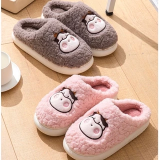 HOME818 รองเท้าใส่ในบ้าน รองเท้ากำมะหยี่ ( ลายน้องวัว) สลิปเปอร์ PVC พื้นยาง กันลื่น NO.T813 แนะนำเพิ่ม2ไซส์