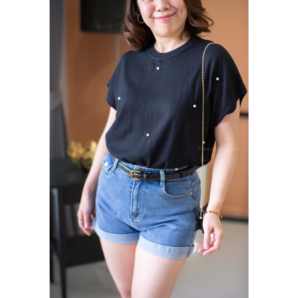 ms.cloudycotton - Pearl Top เสื้อไหมพรม คอกลม แขนล้ำ แต่งมุกน่ารักๆ