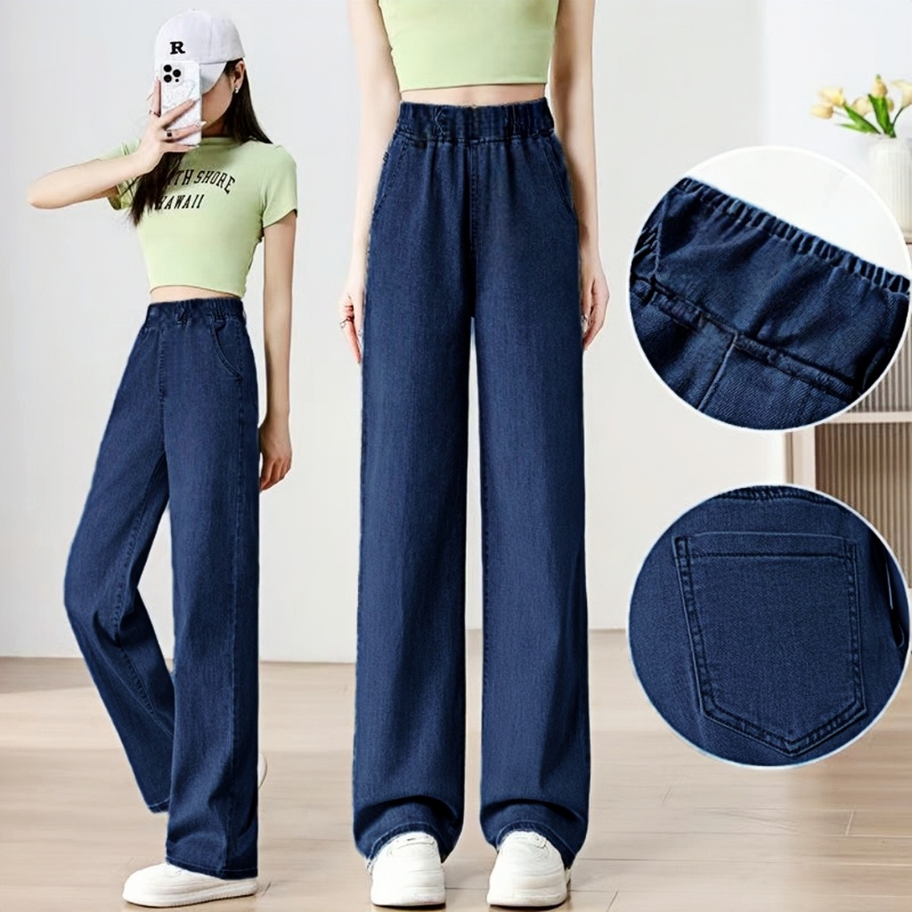 กางเกงยีนส์ขายาวผู้หญิง Korean Jeans กางเกงทรงตรง 3 สี S-3XL เอวยางยืดมี 2 กระเป๋า