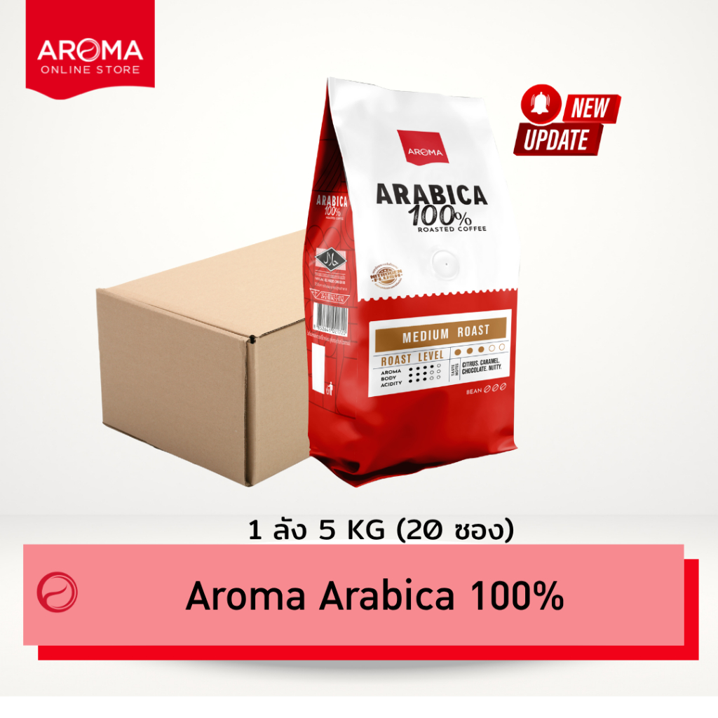 Aroma Coffee (ยกลัง) เมล็ดกาแฟคั่ว Arabica 100% (ชนิดเม็ด) Carton (250 กรัม/20 ซอง)