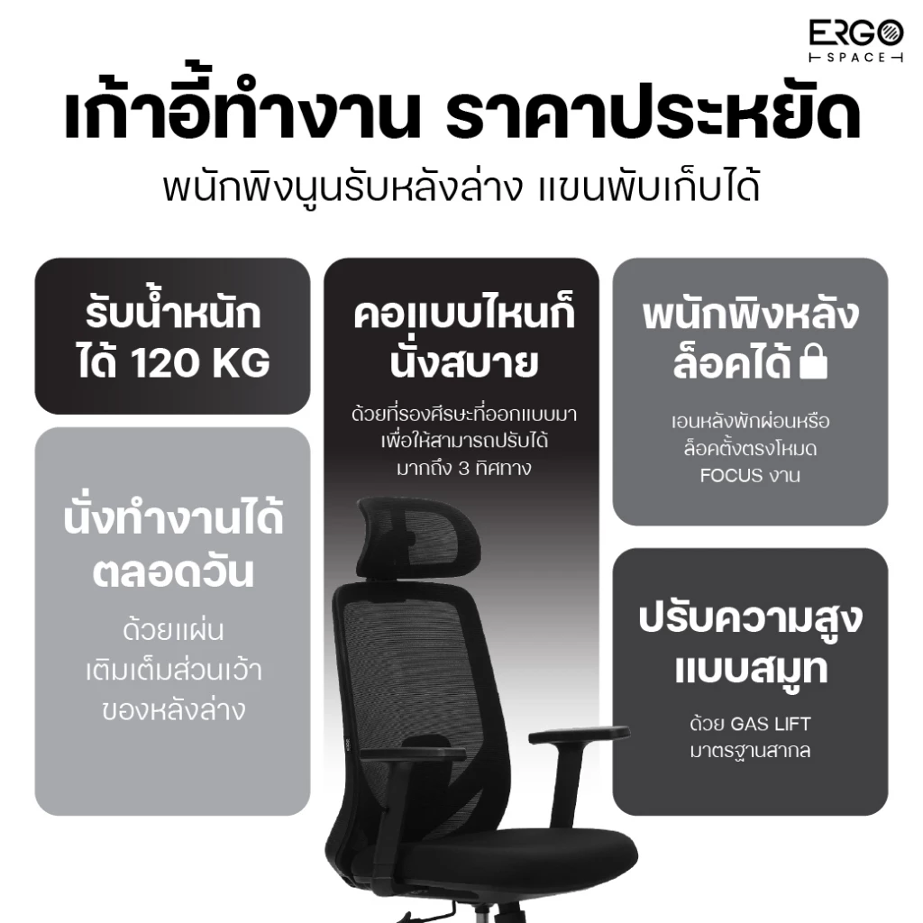 ErgoSpace เก้าอี้ทำงาน รุ่น เมอร์คิวรี่ Ergonomic chair ที่รองคอปรับได้ 3ทิศทาง เบาะโฟมนั่งสบาย thumbnail 4