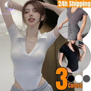 🔥Moonling🌛พร้อมส่งจากไทย เสื้อบอดี้สูทไหมพรมดีเทลหน้าวีแต่งค…