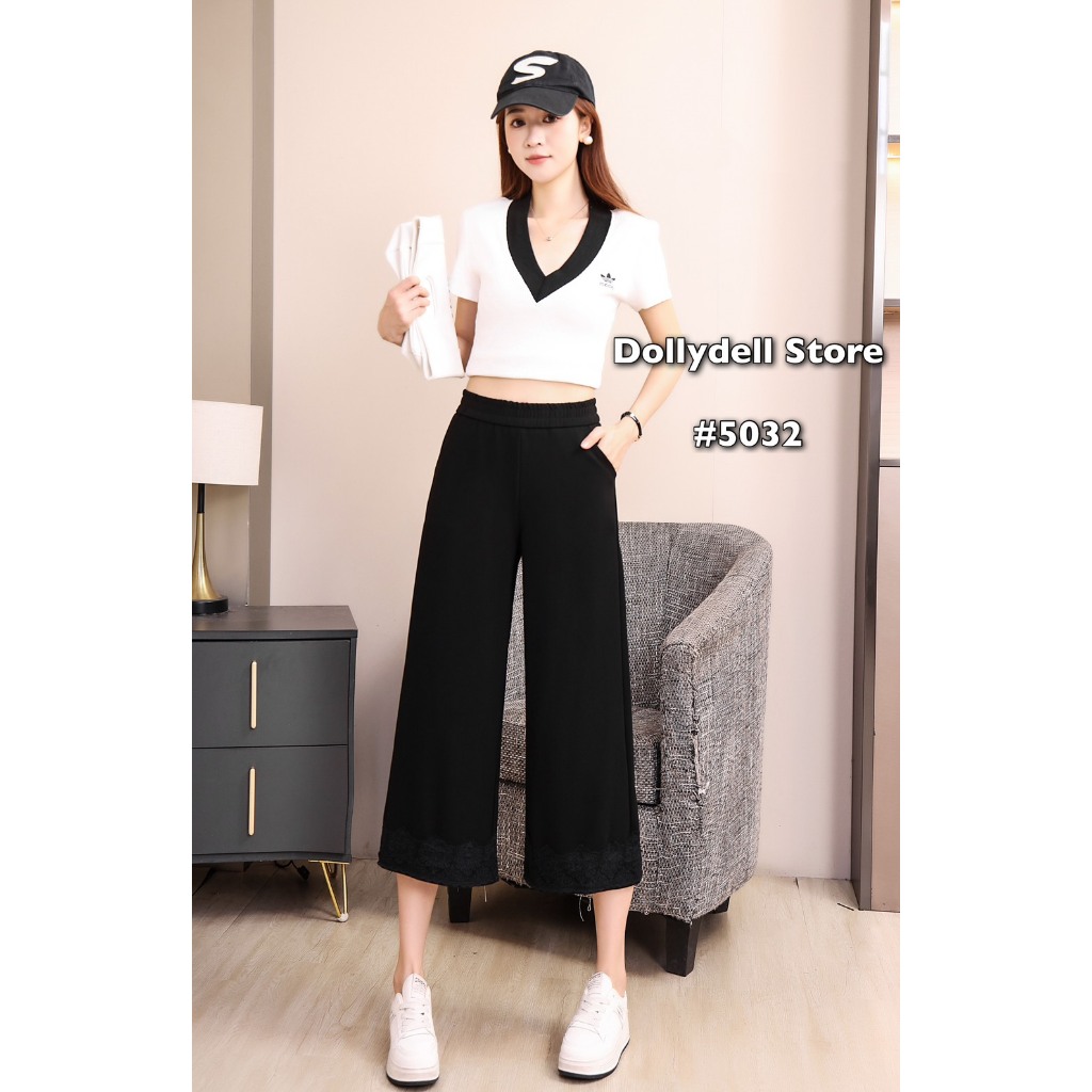 กางเกงทรงตรง5ส่วนDolly รุ่น#5032 เอวยางยืด แต่งลูกไม้ช่วงปลายขา เนื้อผ้ายืดได้คุณภาพดีใส่สบายทรงสวย