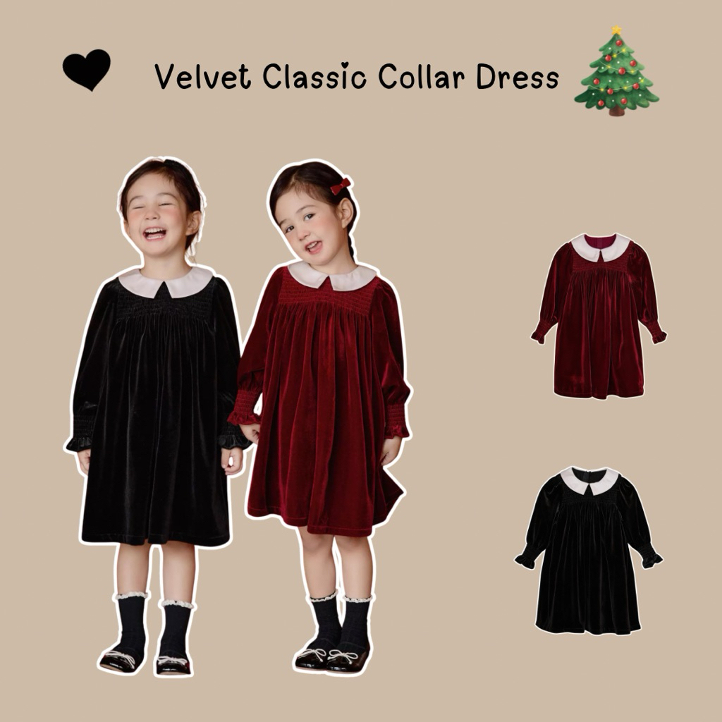 🇹🇭พร้อมส่งจากไทย🇹🇭 ชุดเดรสกำมะหยี่คอปก เดรสสีแดงสำหรับเด็ก เดรสสีดำสำหรับเด็ก ชุดคริสมาสเด็ก