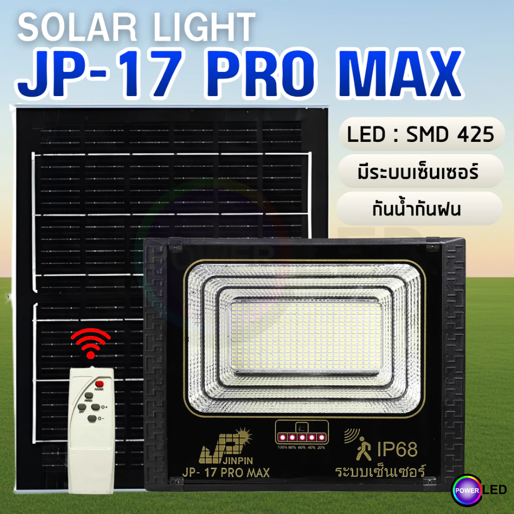 รุ่นใหม่ ไฟโซลาเซลล์ ระบบเซ็นเซอร์ 17 Pro Max 425 LED ไฟพลังงานแสงอาทิตย์ แสงไฟสีขาว พร้อมส่ง
