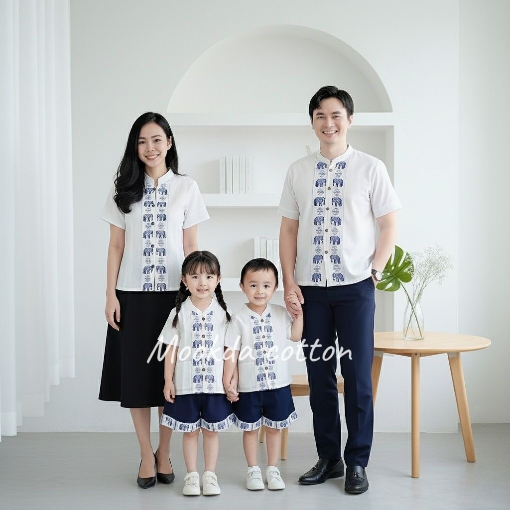 เซทครอบครัว เสื้อผ้าฝ้ายคอจีนสีขาวแต่งลายช้าง